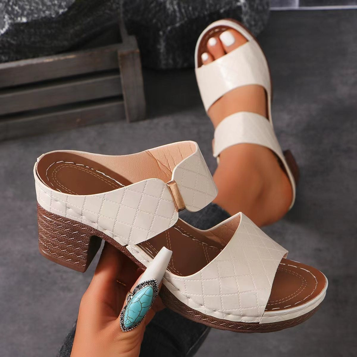 Women's Chunky Heel Plaid Slides – Summer Sandals