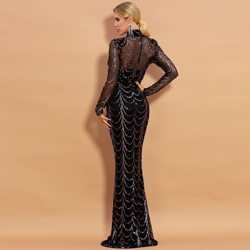 Elegant Sequin Maxi Dress – Long Sleeve Sheer Evening Gown for Women