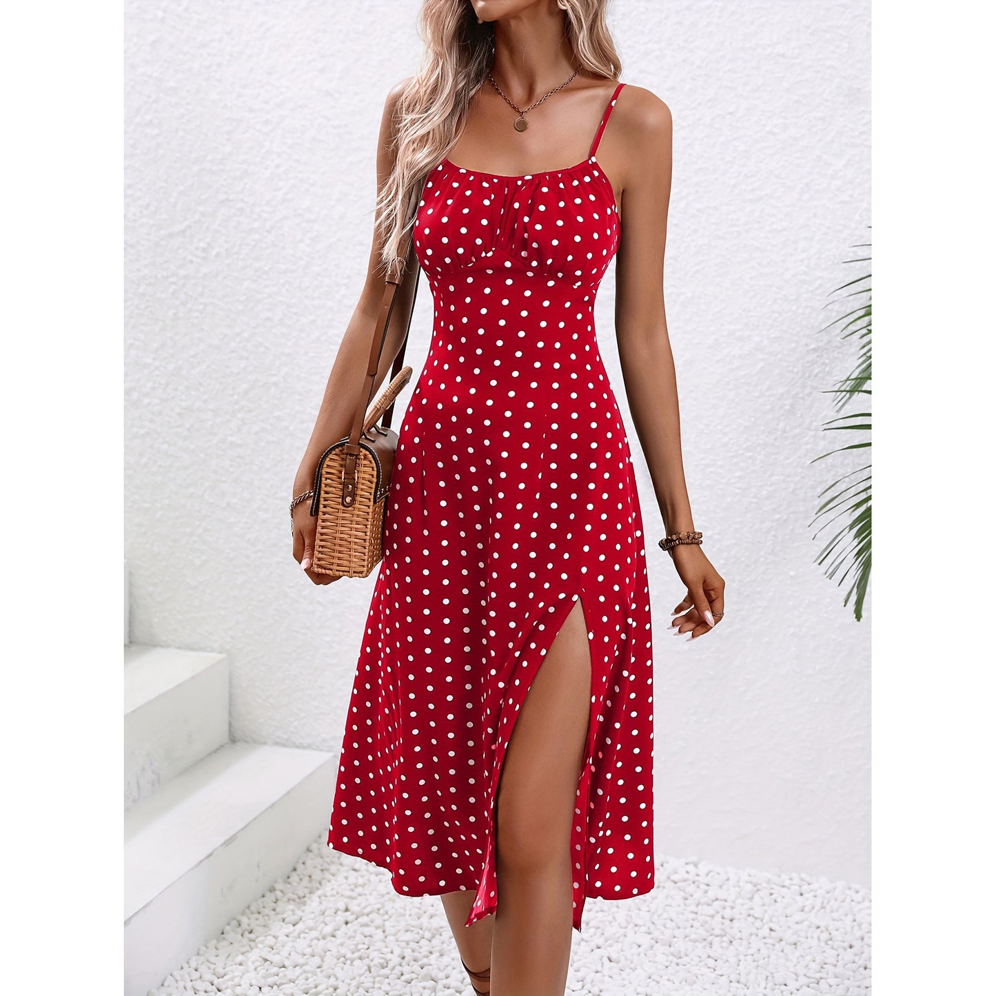 Polka Dot Print Suspender Dress Summer Sexy Split Long Dress