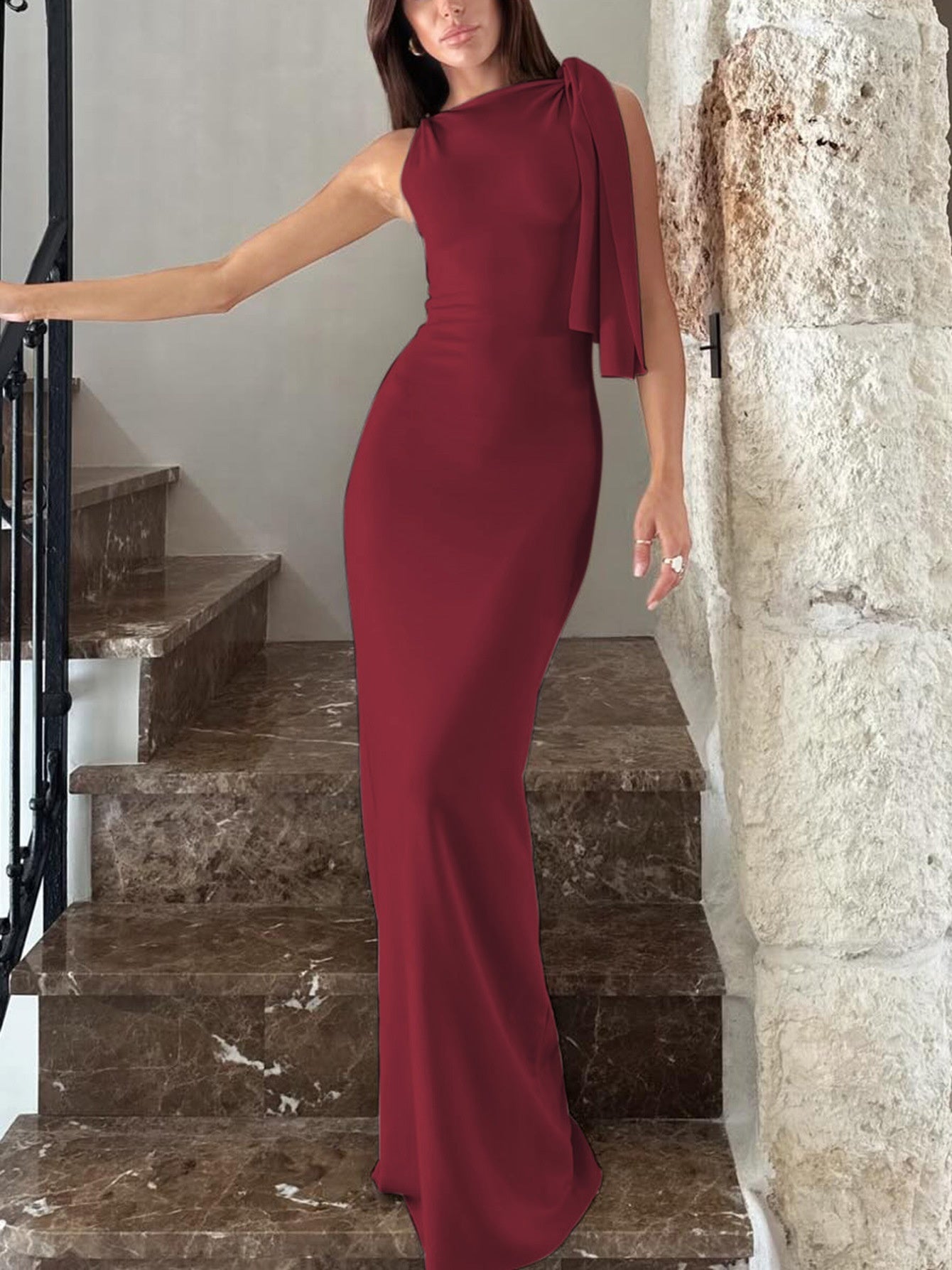 Women's One-Shoulder Ribbon Long Dress – Slim Fit Sleeveless Evening Gown
