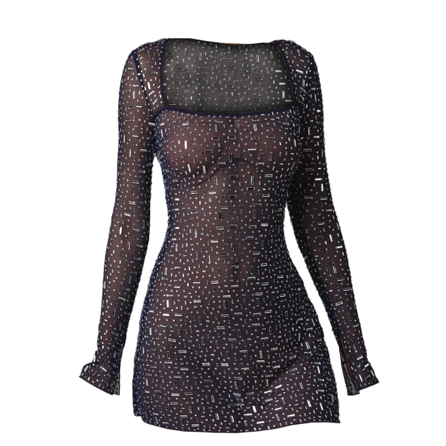 Sequin Micro-Elastic Square Collar Mini Dress – Sleeveless Sparkle Fit