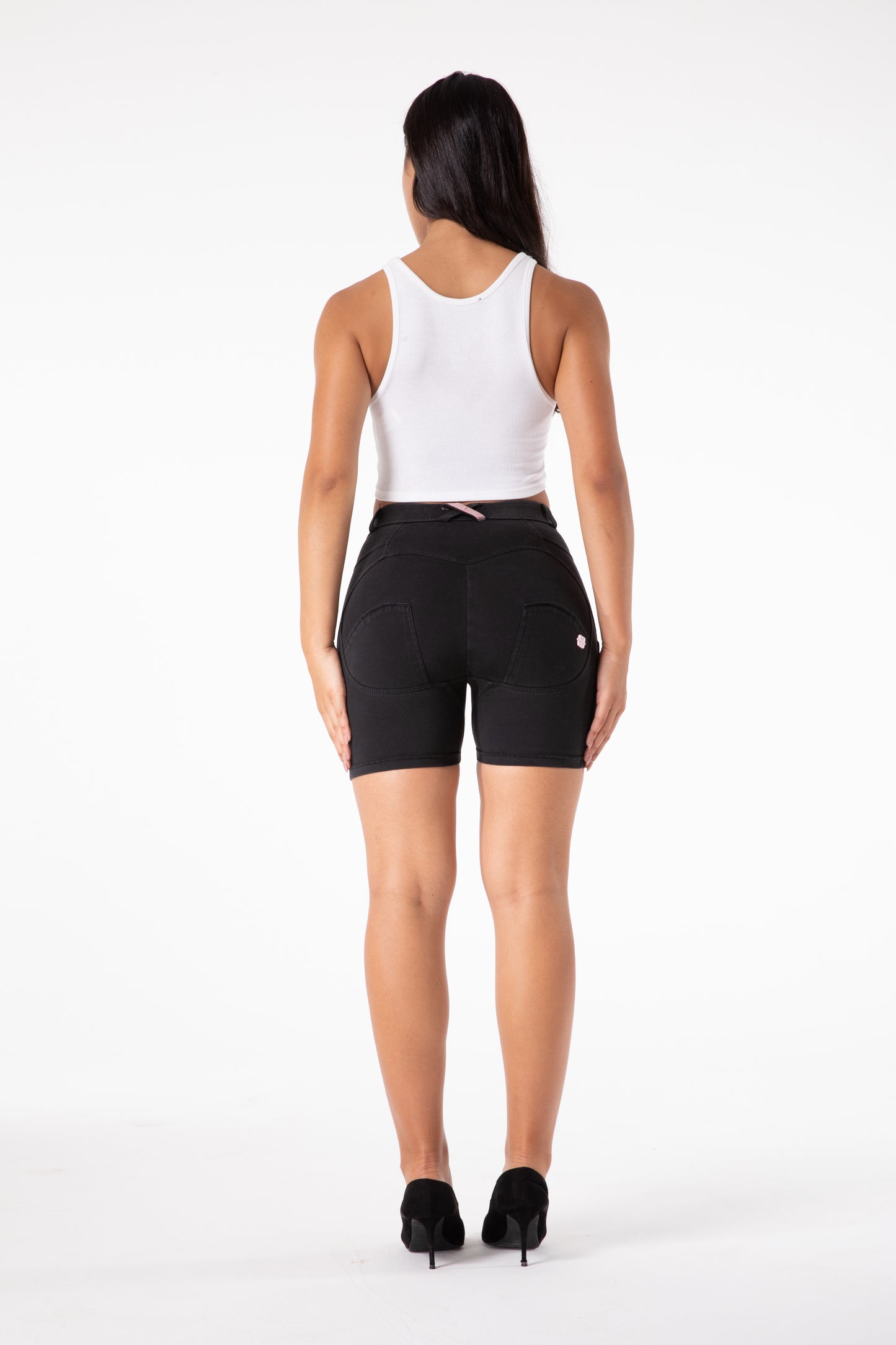 Melody High-Waist Black Stretch Denim Shorts – Women's Flanged Summer Jean Shorts