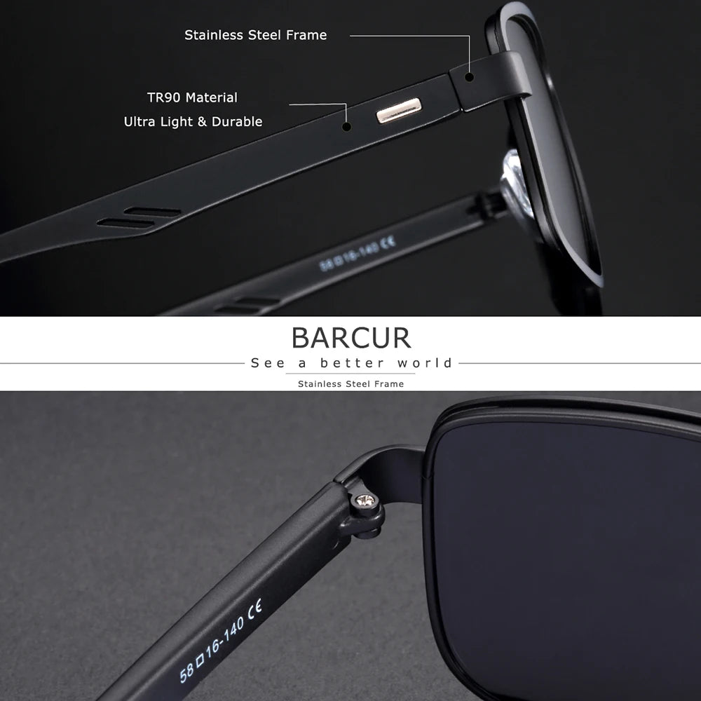 BARCUR Polarized Men Sunglasses Square Stainless Steel Frame TR90 Sun glasses Oculos De Sol gafas