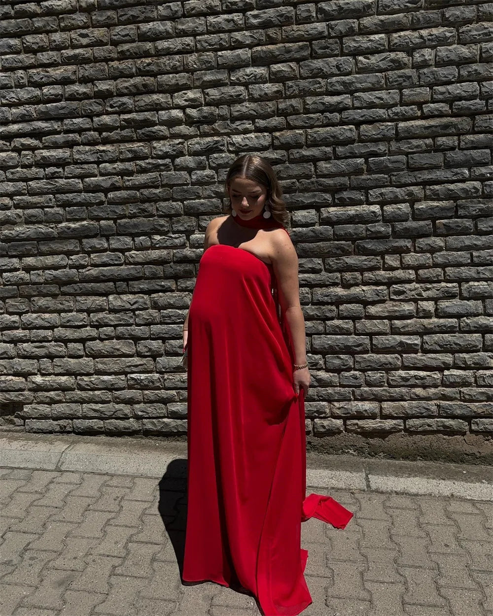Mila Red Strapless A-line Maternity Dress Detachable Shawl Evening Dresses Soft Zip Customized Prom Dresses 2025