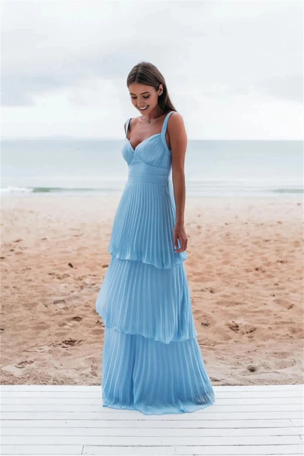 Mila Blue Sweetheart Neck Ball Gown Party Dresses Cascading Ruffle Chiffon Evening Dresses Backless Customized Prom Dresses 2025