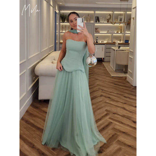 Mila Strapsless A-Line Prom Dresses 2025 Green Sleeveless Tulle Evening Dresses Elegant Floor-Length Customized Party Dresses