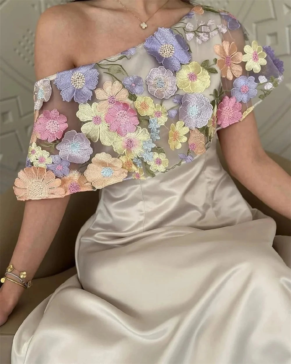 Mila Satin One Shoulder A-Line Customized Prom Dresses Sheath Sleeveless Tra-length Party Dresses 3D Flower Elegant فساتين سهرات
