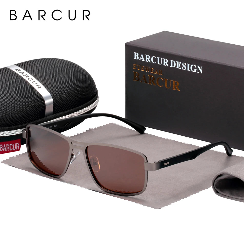 BARCUR Polarized Men Sunglasses Square Stainless Steel Frame TR90 Sun glasses Oculos De Sol gafas