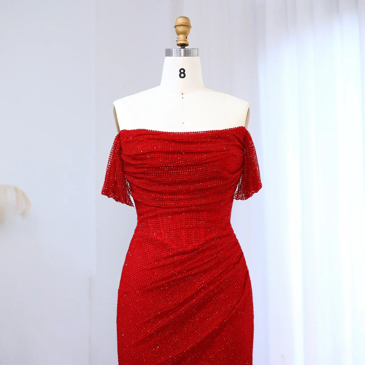 Mila Red Off the Shoulder Column Party Dresses Glitter Side High Split Evening Dresses Empire Waist Customized Prom Dresses