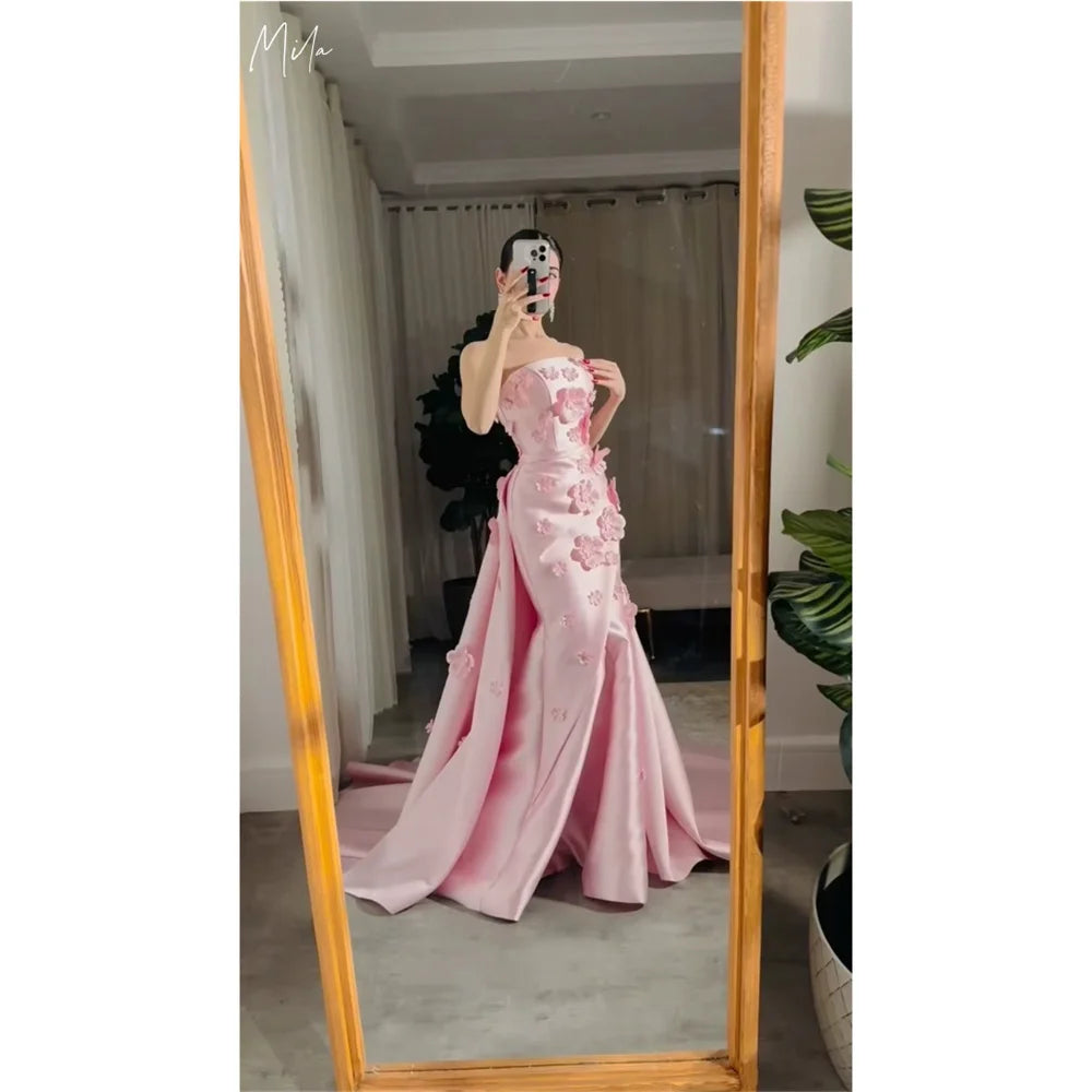 Mila Pink Strapless Mermaid Customized Party Dresses Detachable Shawl 3D Flower Prom Dresses Floor-Length Evening Dresses 2025