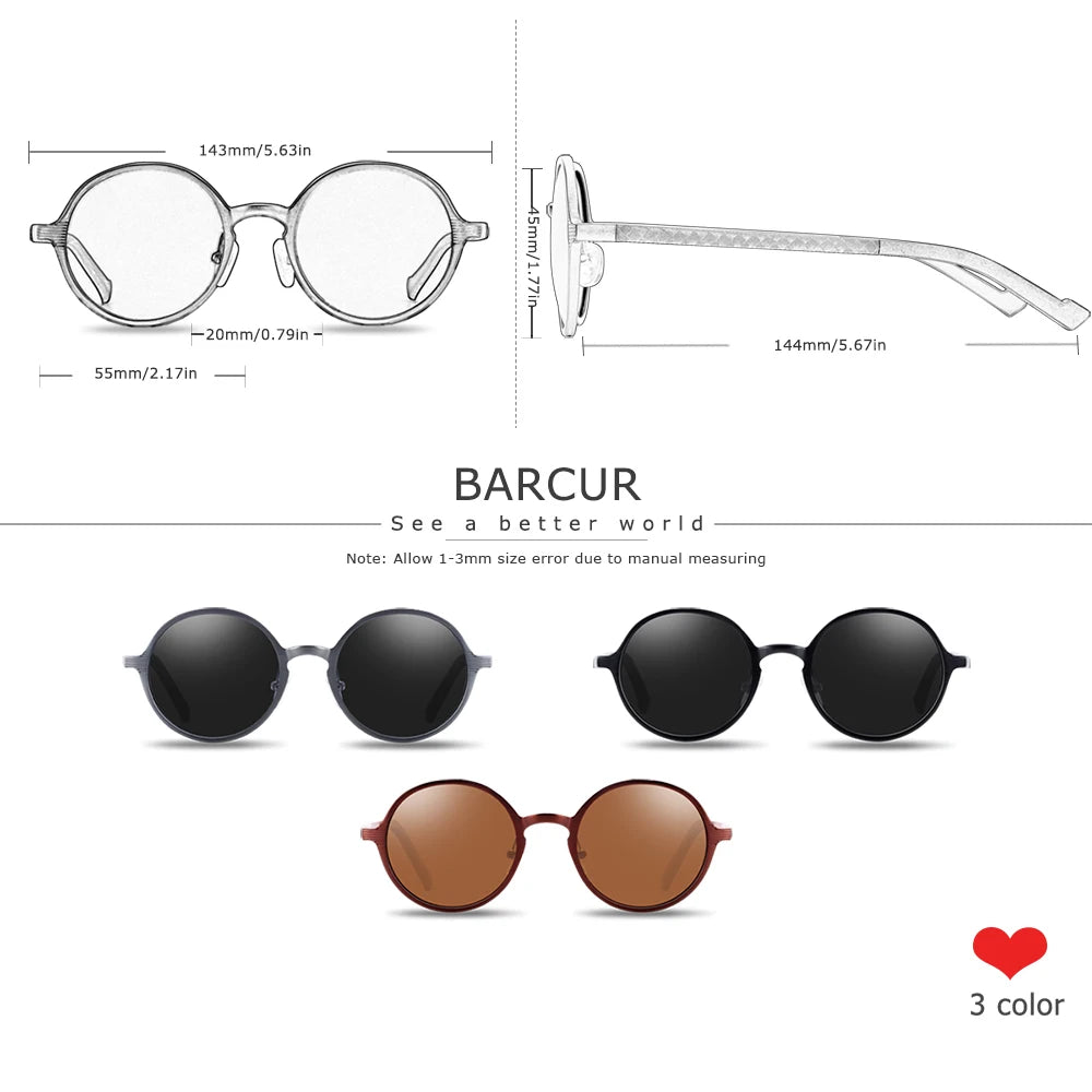 BARCUR Man Round Sunglasses Men Ultra Light Glasses Retro Vintage Women Sun Glasses UV400 Eyewear Accessory
