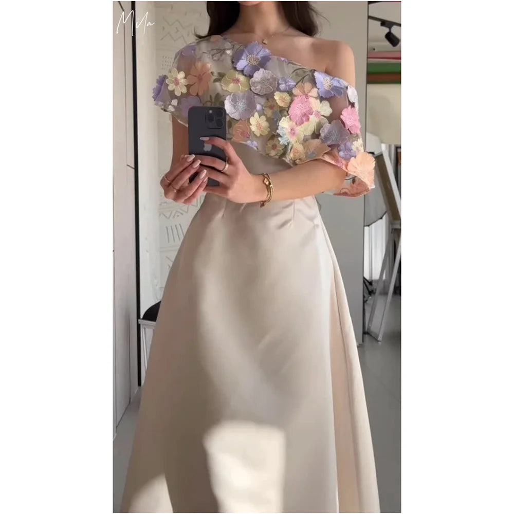 Mila Satin One Shoulder A-Line Customized Prom Dresses Sheath Sleeveless Tra-length Party Dresses 3D Flower Elegant فساتين سهرات