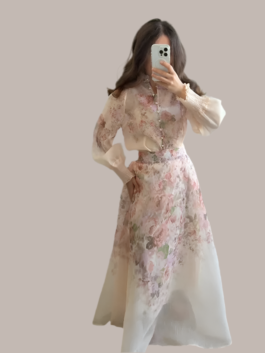 Floral Printed Two-Piece Skirt Set – Loose Full Sleeve Shirt & Pleated Maxi Skirt