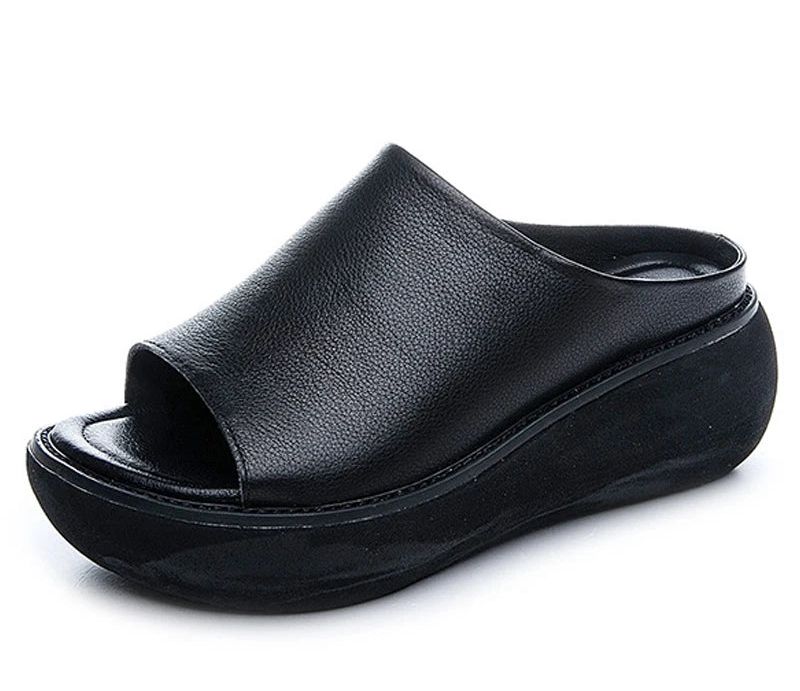 Women’s Genuine Leather Wedge Slippers – Handmade Summer Slides