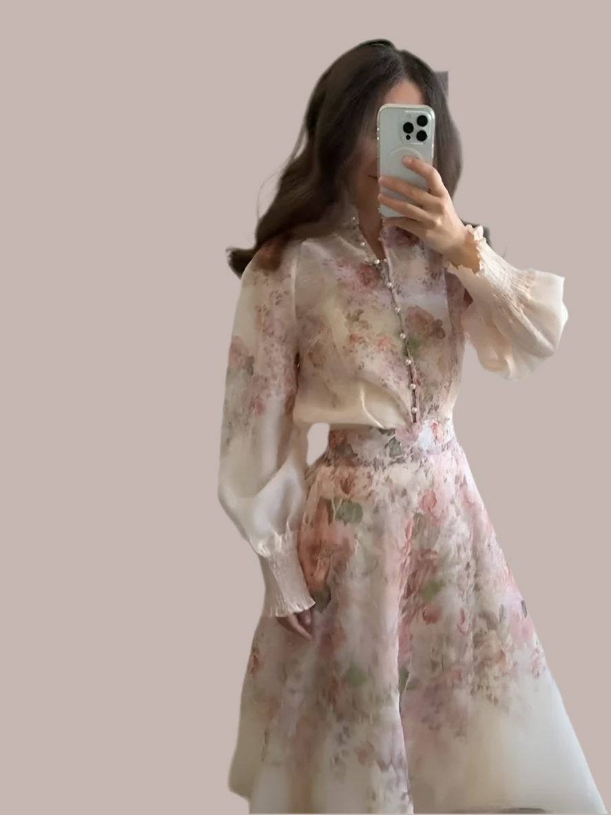 Floral Printed Two-Piece Skirt Set – Loose Full Sleeve Shirt & Pleated Maxi Skirt