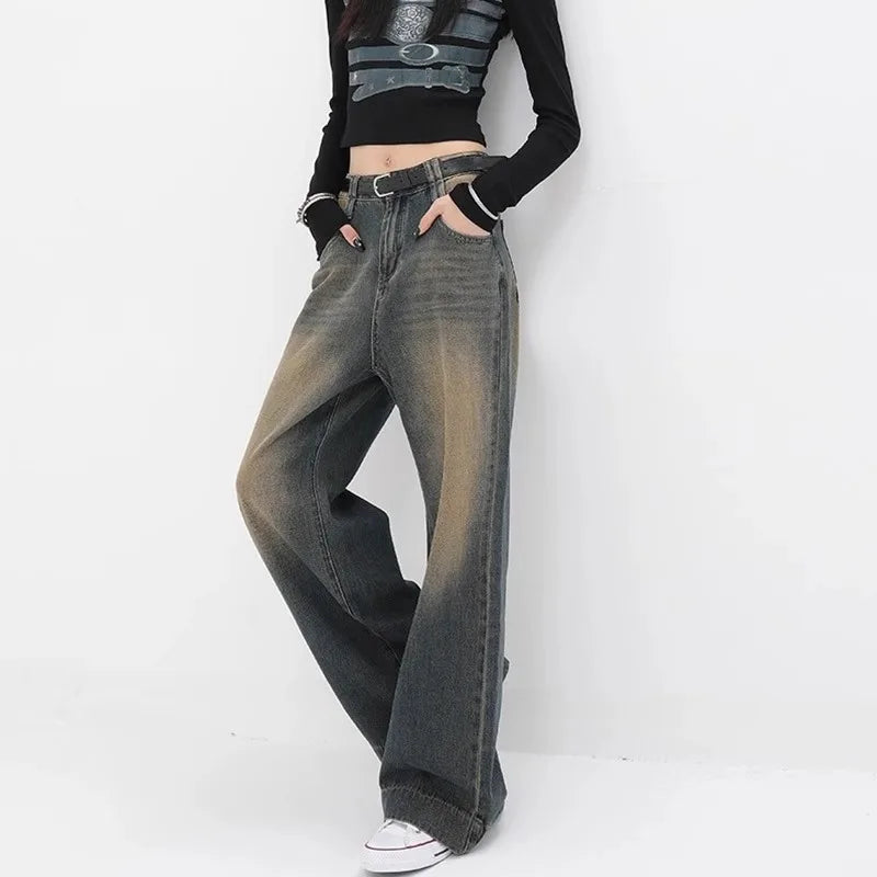 2025 Spring American-Style Washed Wide-Leg Jeans for Women – Loose Fit, Straight Cut, Slimming Effect