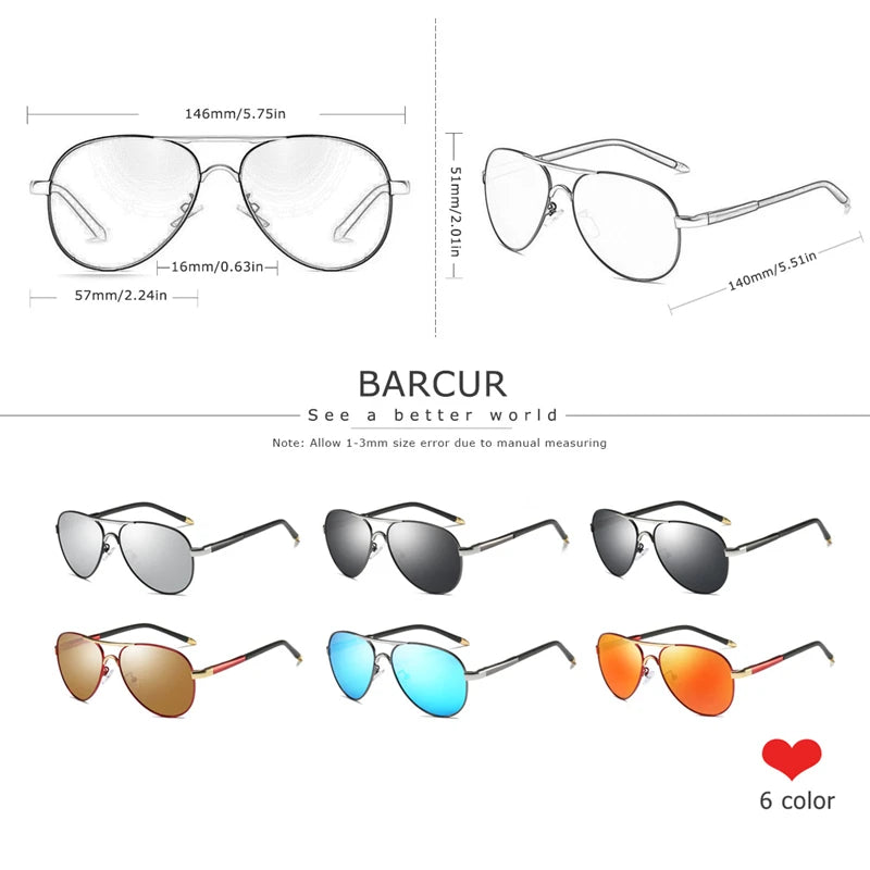 BARCUR Men Pilot Sunglasses Aviation UV400 Polarized Sun Glasses Women Eyewear Gafas De Sol Shades