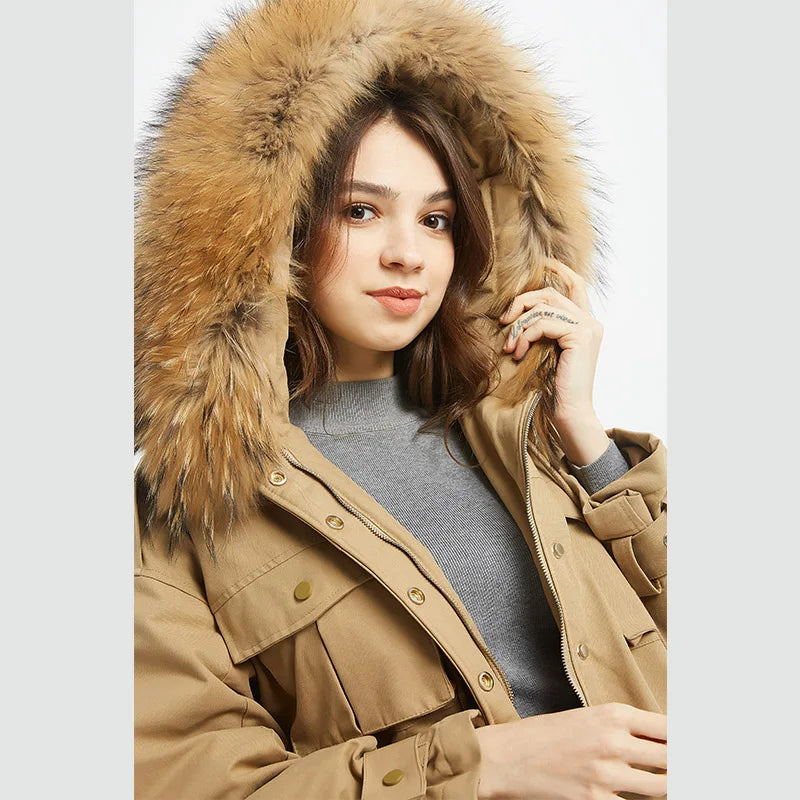 Maomaokong 2025 Winter New Long Down Jacket Women With Natural Real Fur Collar Loose Clothing Outerwear Quality Women Coat Parka