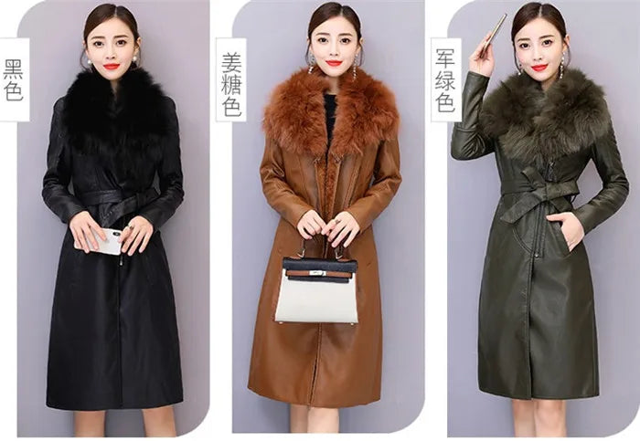 Women's Leather Jacket Winter 2024 New Add Velvet Warm Slim Big Fur Collar Long Leather Coat Female Outerwear With Belt M-4XL