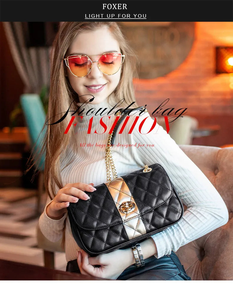 FOXER Women Crossbody Bag Diamond Lattice Handbag Lady Armpit Shoulder Bag Girl's Split Leather Chain Strap Black Messenger Bags