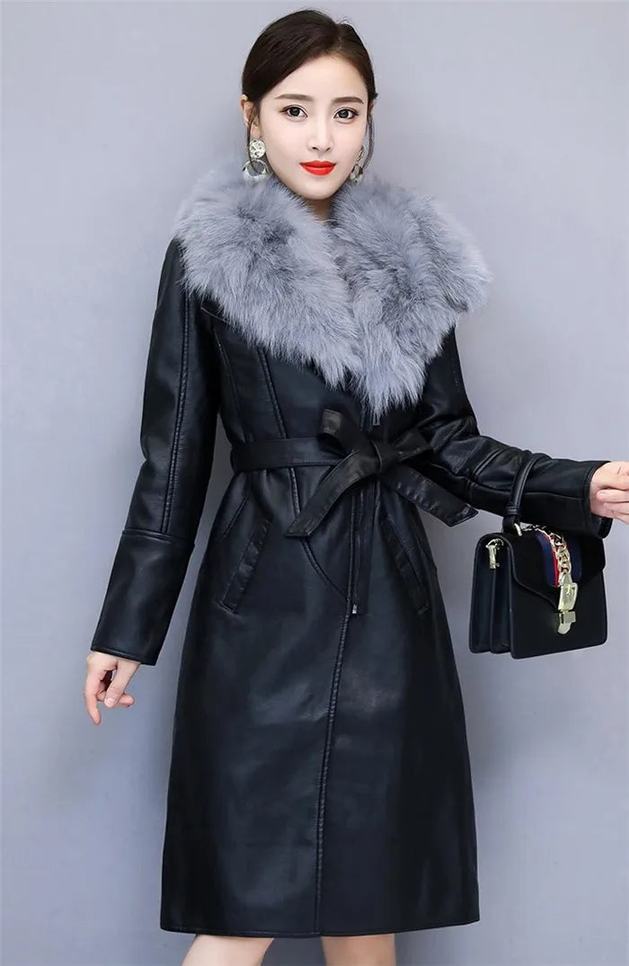 Women's Leather Jacket Winter 2024 New Add Velvet Warm Slim Big Fur Collar Long Leather Coat Female Outerwear With Belt M-4XL