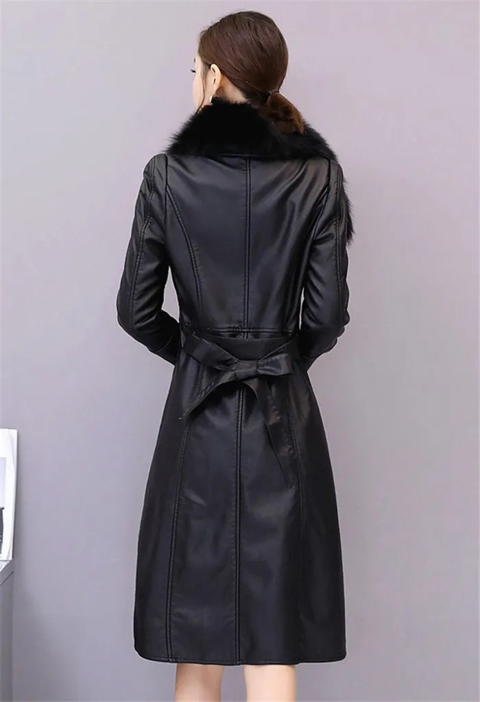 Women's Leather Jacket Winter 2024 New Add Velvet Warm Slim Big Fur Collar Long Leather Coat Female Outerwear With Belt M-4XL