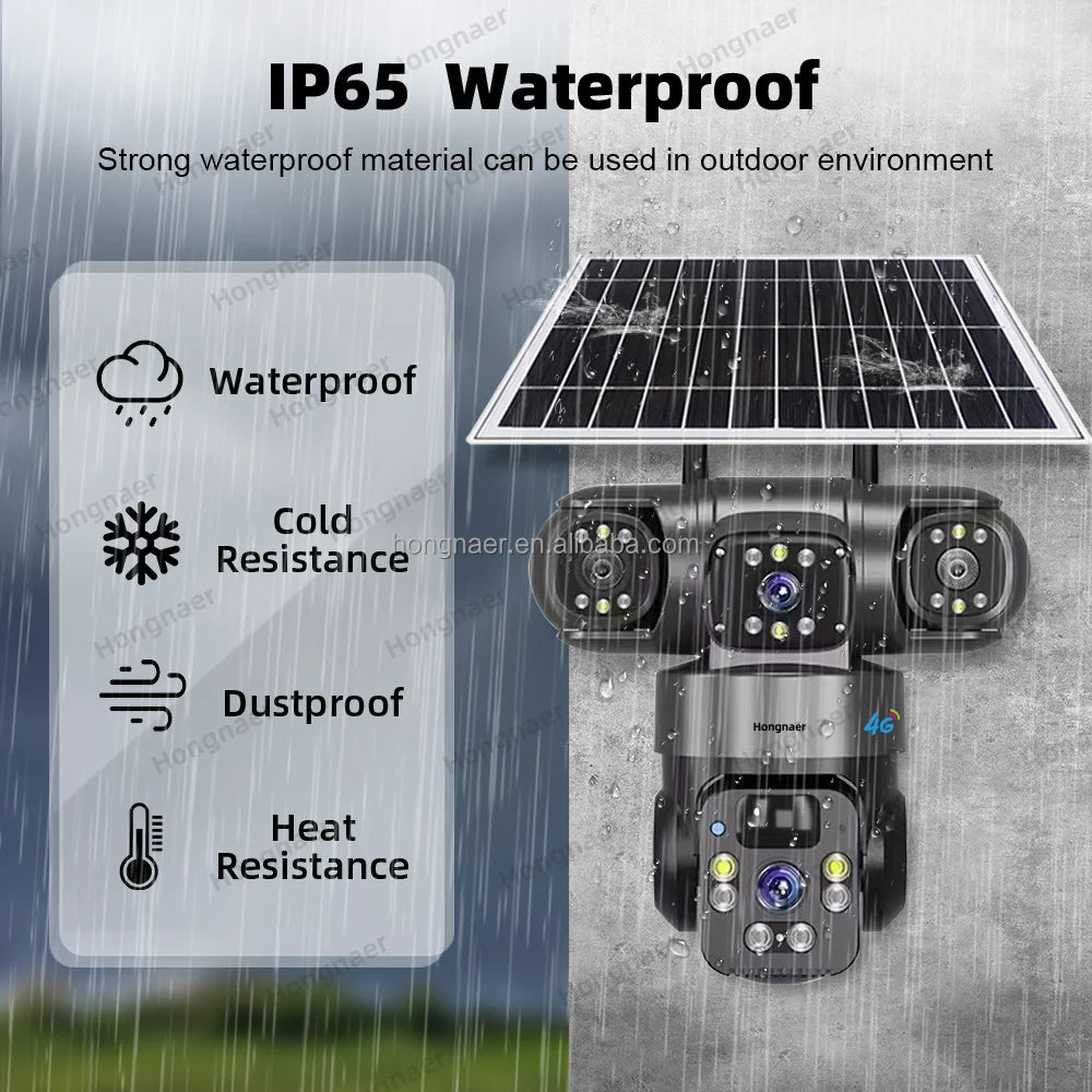 Hongnaer 9MP 3 Lens 4G Wireless Solar Panel Powered Surveil PTZ Camera V380 Pro Outdoor 4G Sim Card CCTV Solar Security Camera