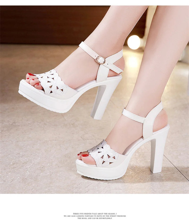 Women’s Plus Size Floral Carved Block Heel Buckle Platform Sandals – Wedding & Office Shoes