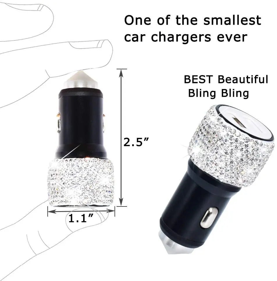 Dual USB Car Charger Bling Bling Handmade Rhinestones Crystal Car Decorations for Fast Charging Car Decors for iPhone/Samsung