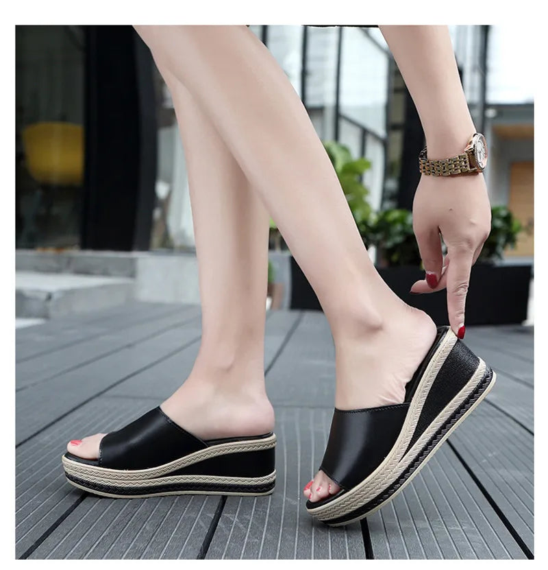 Women’s Split Leather Wedge Platform Slippers – Summer Slides