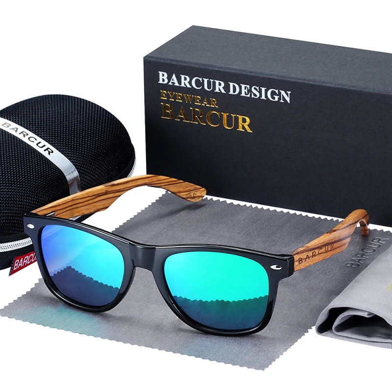 BARCUR Natural Zebra Wood Sun Glasses Polarized Sunglasses Wood Rectangle Mirror Lens Driving UV400 Men Women Eyewear