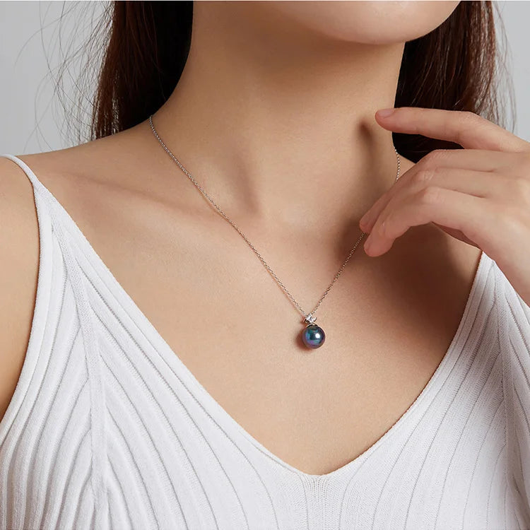 bamoer 925 Sterling Silver Elegant Black Pearl Earrings Necklace Shell Pearl Necklace Chain for Women Fine Jewelry Set BSN226