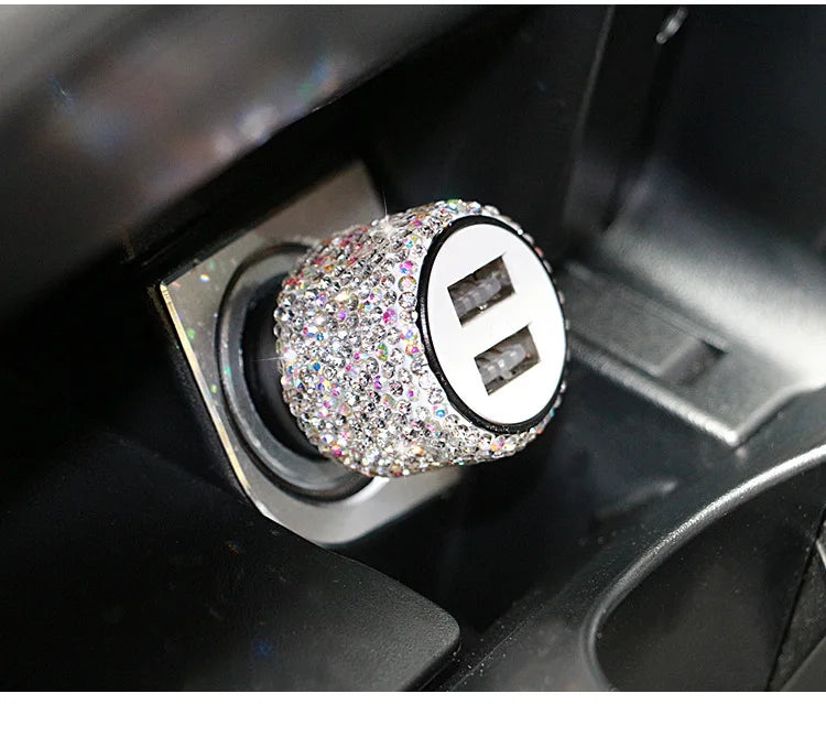 Dual USB Car Charger Bling Bling Handmade Rhinestones Crystal Car Decorations for Fast Charging Car Decors for iPhone/Samsung