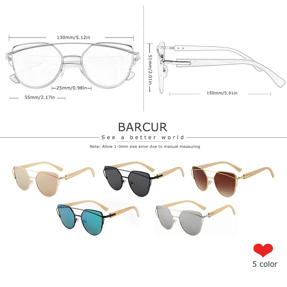 BARCUR Bamboo Cat Eye Sunglasses Polarized Metal Frame Wood Glasses Lady Luxury Fashion Sun Shades With Box