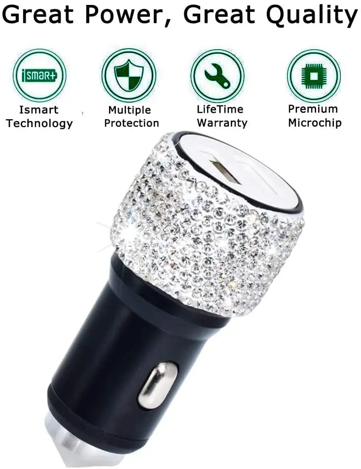 Dual USB Car Charger Bling Bling Handmade Rhinestones Crystal Car Decorations for Fast Charging Car Decors for iPhone/Samsung