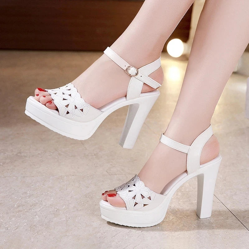 Women’s Plus Size Floral Carved Block Heel Buckle Platform Sandals – Wedding & Office Shoes