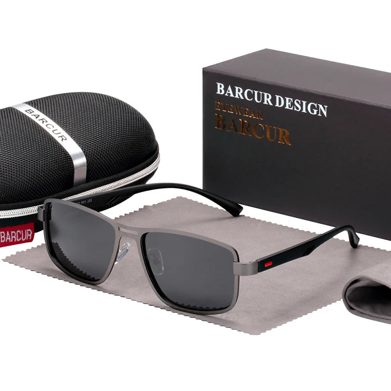 BARCUR Polarized Men Sunglasses Square Stainless Steel Frame TR90 Sun glasses Oculos De Sol gafas