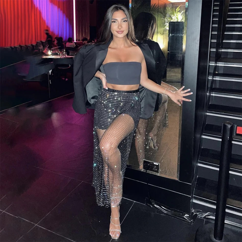 Shiny Crystal Mesh Hollow Split Loose Skirt – Sexy Rhinestone Party Skirt