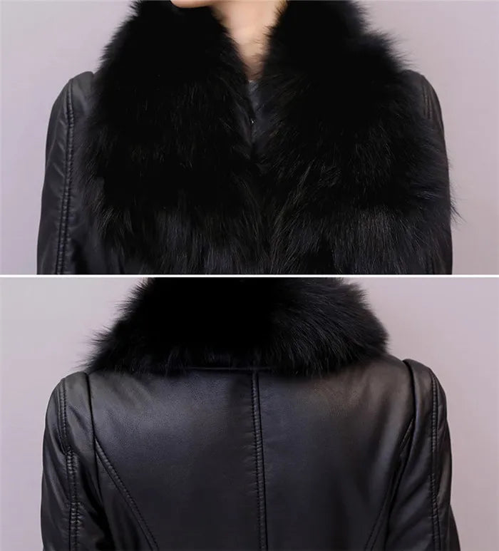 Women's Leather Jacket Winter 2024 New Add Velvet Warm Slim Big Fur Collar Long Leather Coat Female Outerwear With Belt M-4XL