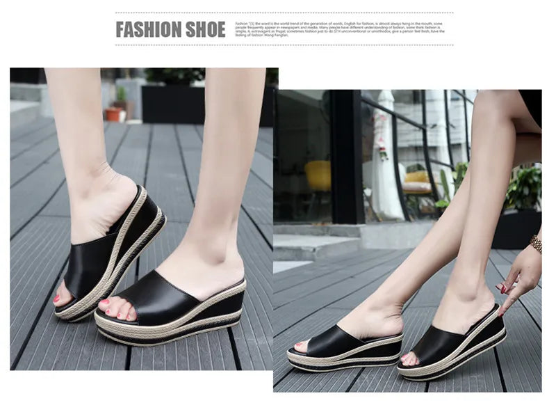 Women’s Split Leather Wedge Platform Slippers – Summer Slides