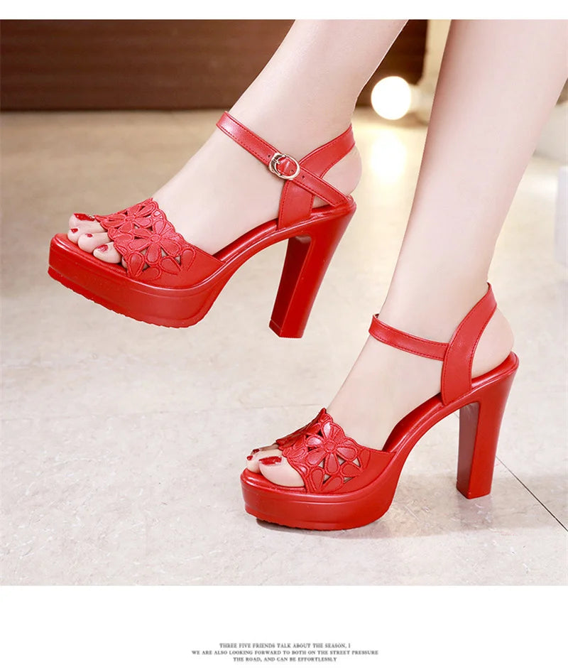 Women’s Plus Size Floral Carved Block Heel Buckle Platform Sandals – Wedding & Office Shoes