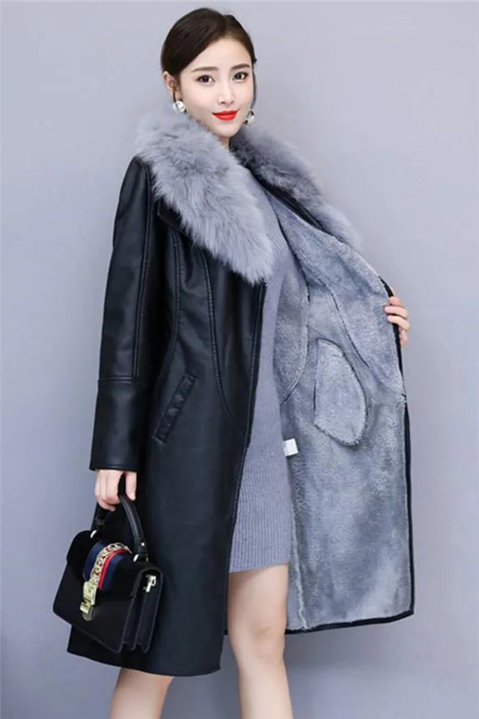 Women's Leather Jacket Winter 2024 New Add Velvet Warm Slim Big Fur Collar Long Leather Coat Female Outerwear With Belt M-4XL