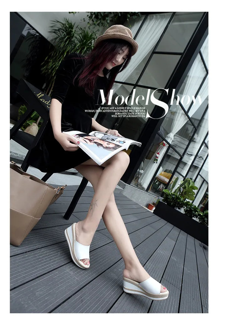 Women’s Split Leather Wedge Platform Slippers – Summer Slides