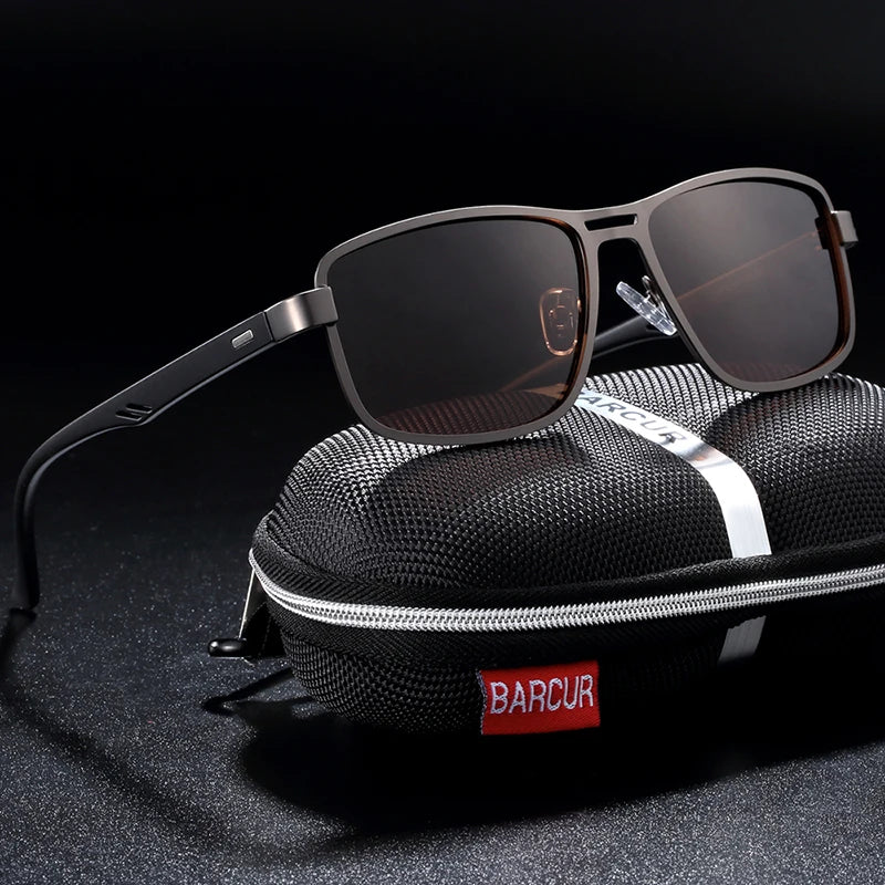 BARCUR Polarized Men Sunglasses Square Stainless Steel Frame TR90 Sun glasses Oculos De Sol gafas