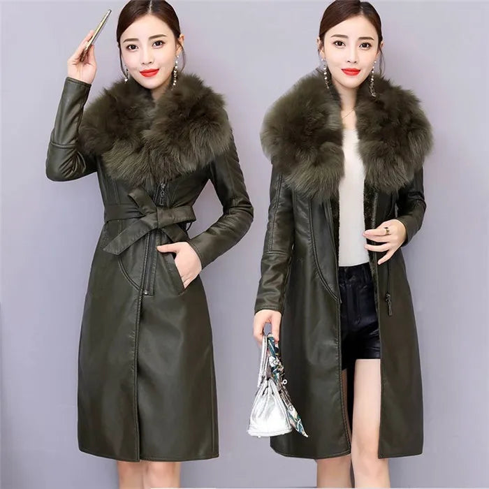 Women's Leather Jacket Winter 2024 New Add Velvet Warm Slim Big Fur Collar Long Leather Coat Female Outerwear With Belt M-4XL