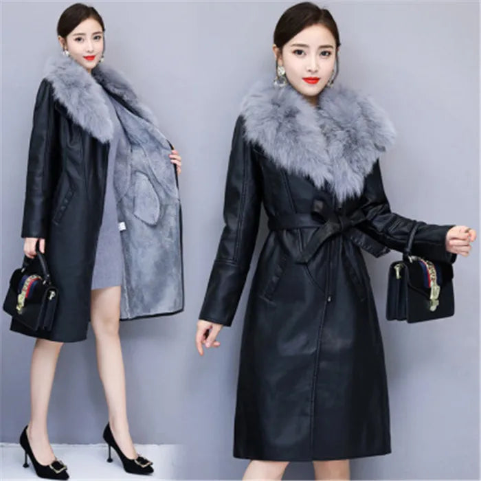 Women's Leather Jacket Winter 2024 New Add Velvet Warm Slim Big Fur Collar Long Leather Coat Female Outerwear With Belt M-4XL
