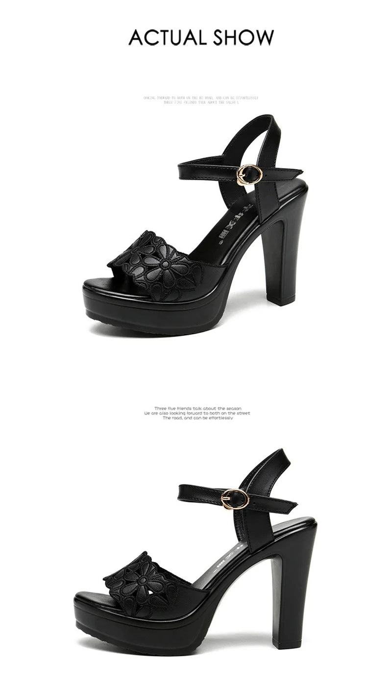 Women’s Plus Size Floral Carved Block Heel Buckle Platform Sandals – Wedding & Office Shoes