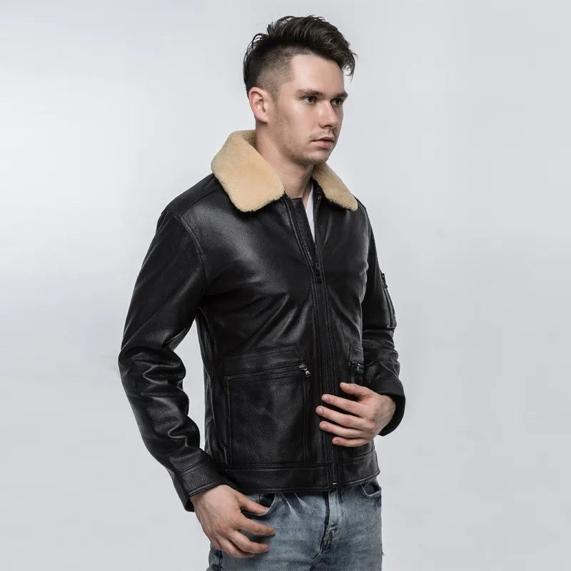 Top Quality Mens Air Force Pilot Sheepskin Genuine Leather Jacket Slim Fit Sheep Fur Collar Padded Coat Chaqueta Motor Hombre