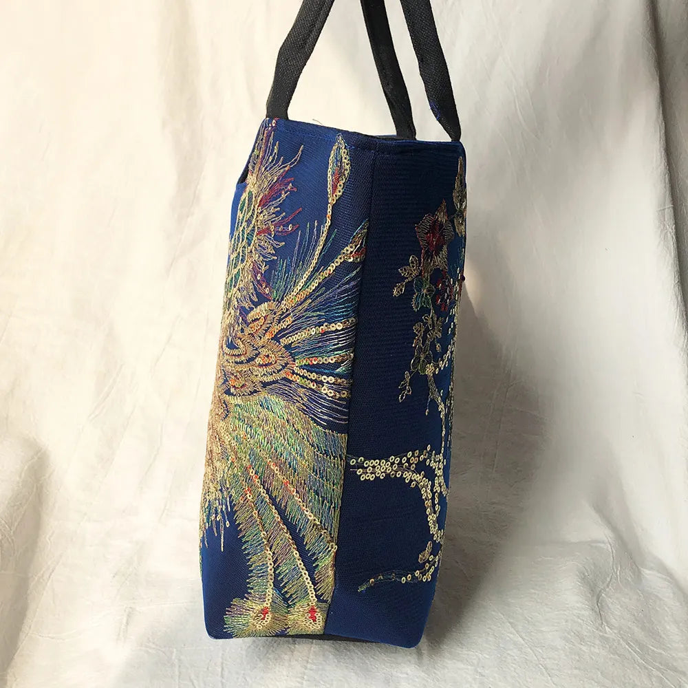 Veowalk Summer Women Shiny Peacock Embroidered Tote Bag Retro Ladies Casual Large Shopping Handbag with Shoulder Belts Handmade