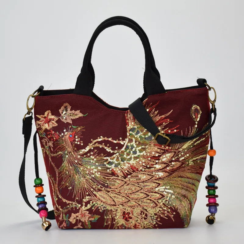 Veowalk Summer Women Shiny Peacock Embroidered Tote Bag Retro Ladies Casual Large Shopping Handbag with Shoulder Belts Handmade